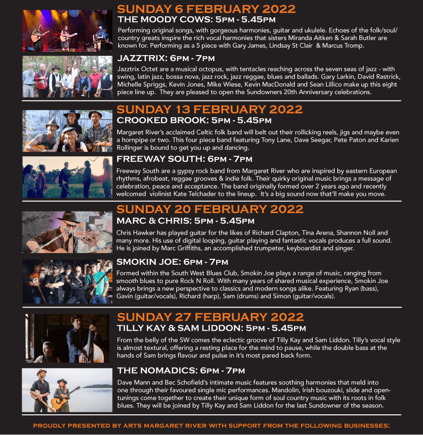 Sunday sundowners 1 Sundowner a3 poster revised line up cropped