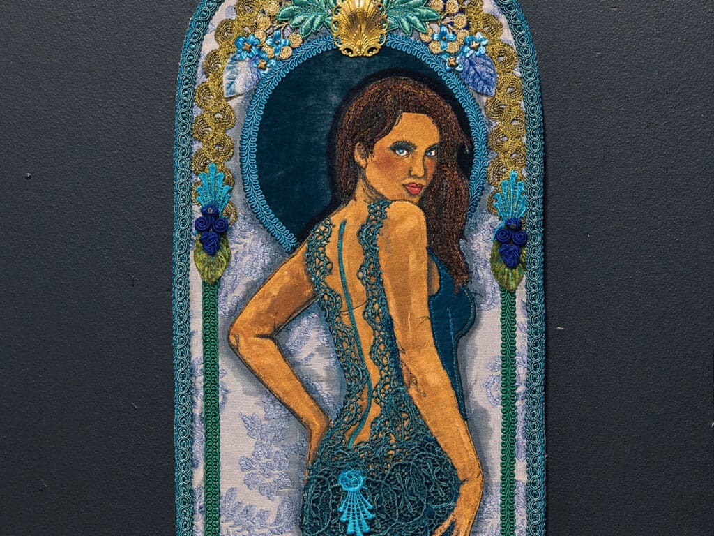 Woman and dragonfly 2 2025 textiles acrylic and freehand embroidery on canvas